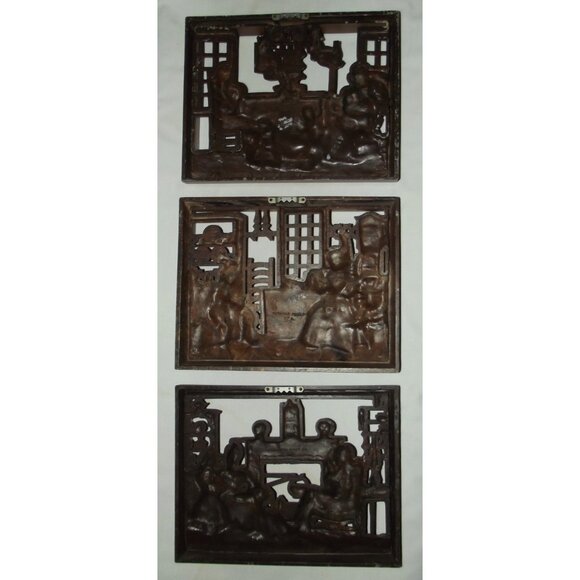 3 Burwood Vtg Wall Art Hanging Plaque 3D MCM Reading Time Hearth Spinning Wheel - Picture 9 of 16